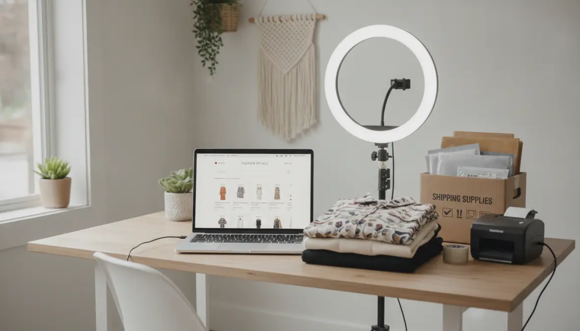 Home setup for selling pre-loved clothing online showing resale fashion platforms and photography equipment