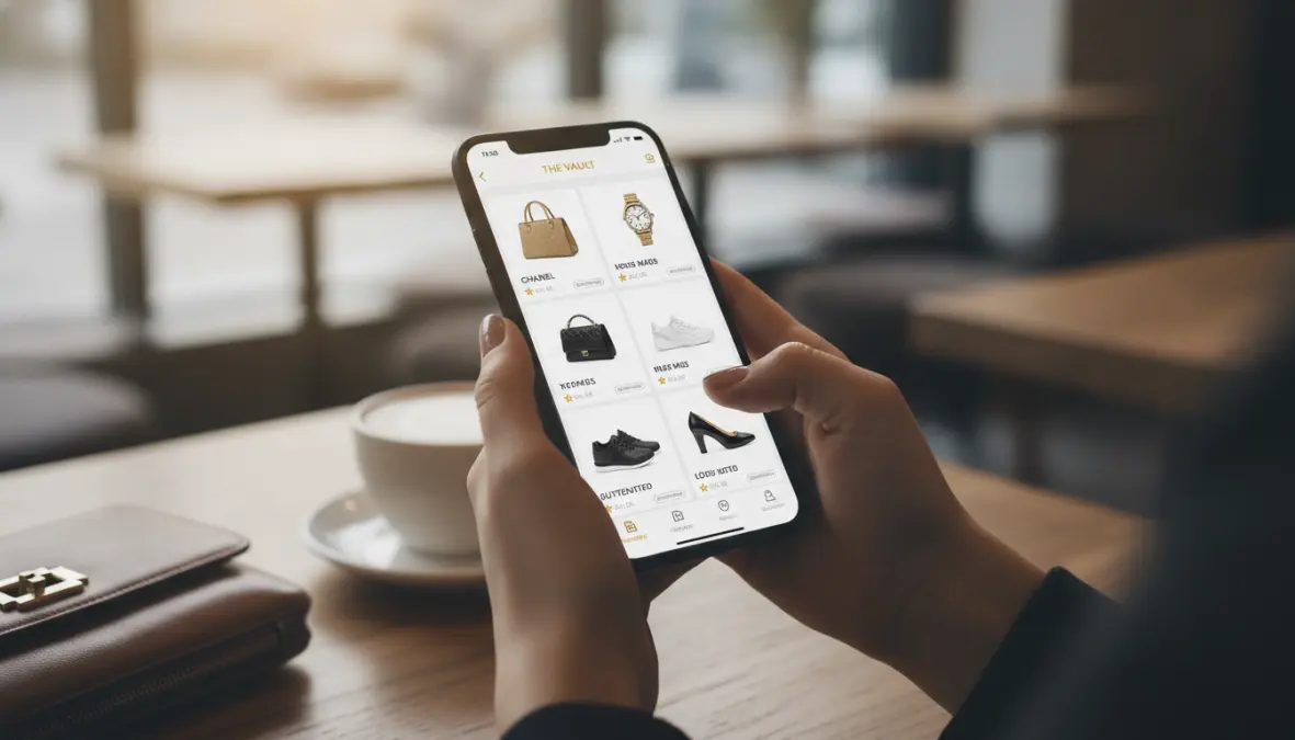 Luxury resale platform app showing authenticated pre-owned designer items on smartphone