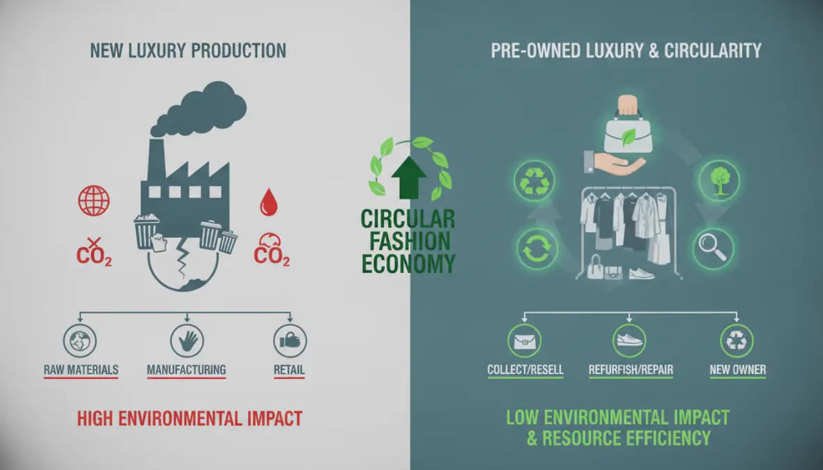 Visual comparison illustrating sustainable fashion benefits of circular fashion economy through luxury resale