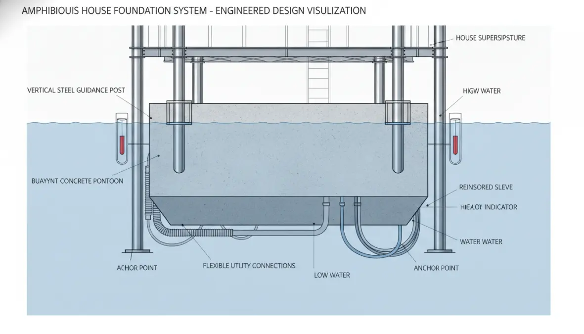 Amphibious house foundation design showing buoyant foundation systems and vertical guides