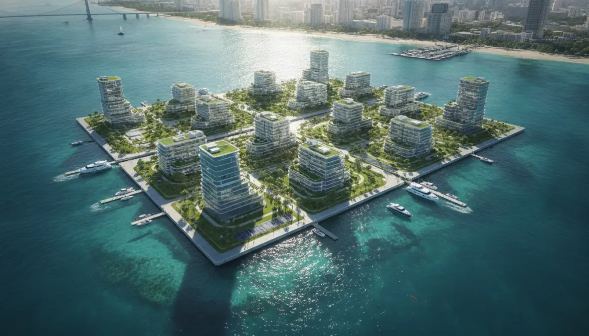 Aquatic urbanism example showing floating buildings and water-based structures for sea level rise adaptation