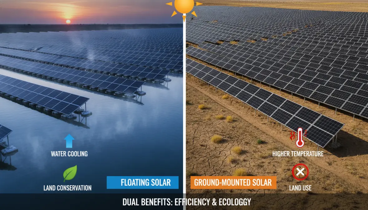 Visual comparison between floating solar arrays on water reservoirs and traditional land-based solar panel installations