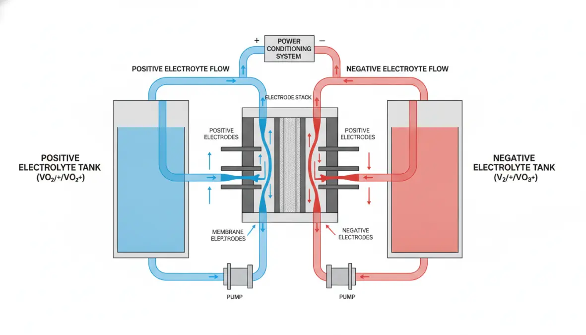 Vanadium flow battery system diagram showing electrolyte solution tanks and redox flow battery components