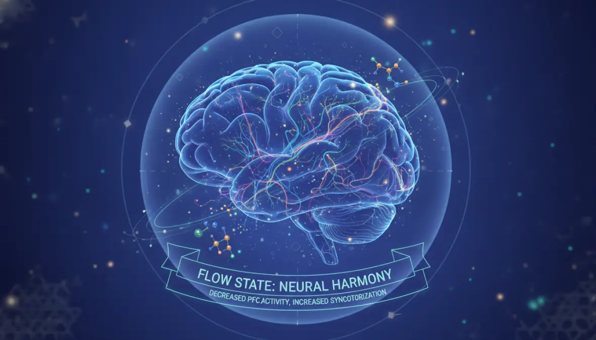 Brain neuroscience illustration showing flow state neural activity and neurotransmitter release