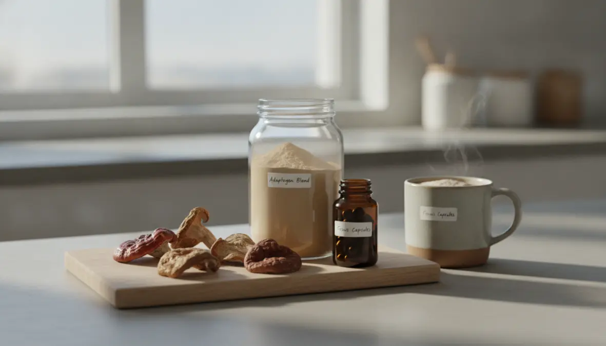 Different forms of functional mushroom supplements including powders and capsules for daily wellness use