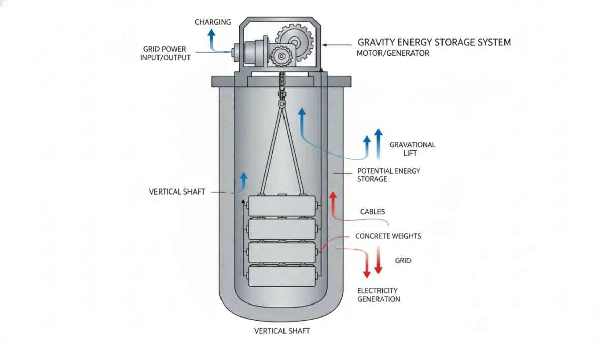 Components of gravity-based energy storage system showing mechanical energy conversion process