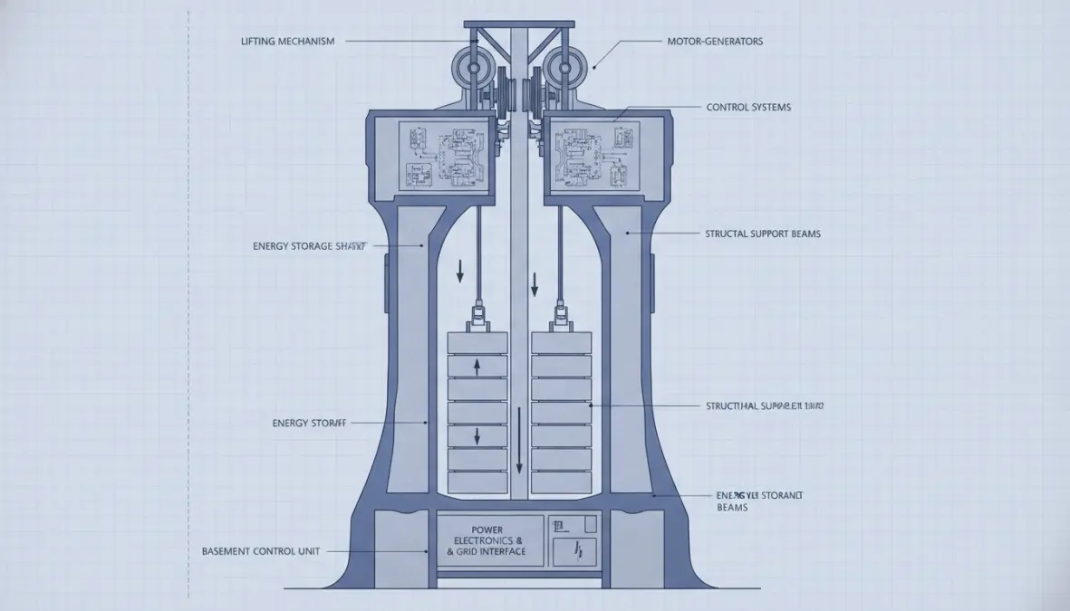 Cross-section diagram showing how gravity energy storage systems work with lifting mechanisms and generators