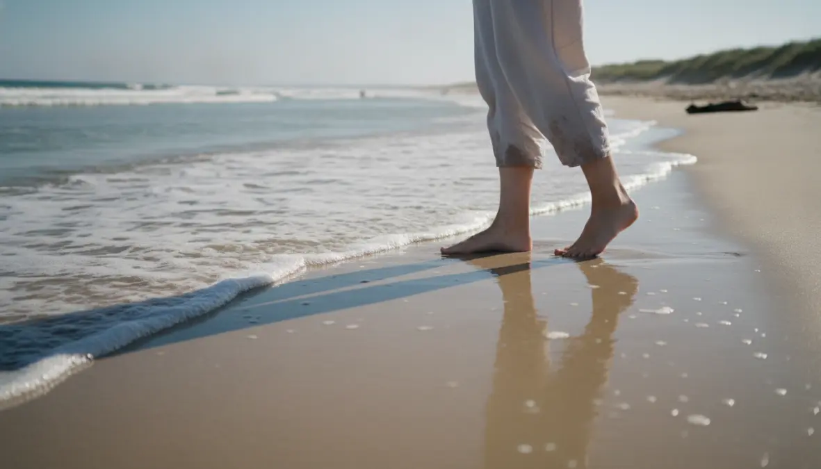 Barefoot walking on beach sand showing natural grounding earthing practice for health benefits