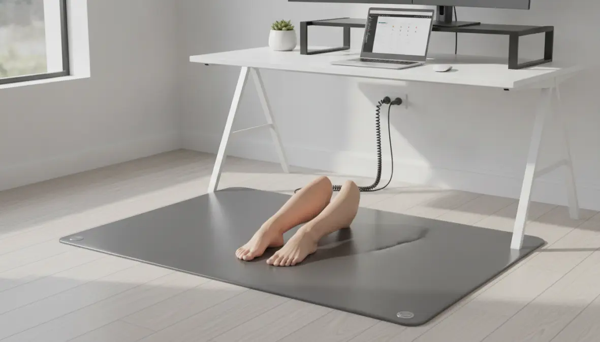 Grounding mat benefits demonstration with person using earthing mat indoors for wellness