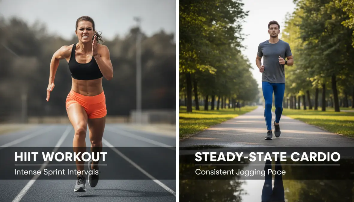 Visual comparison of hiit vs steady state cardio training methods and intensity differences