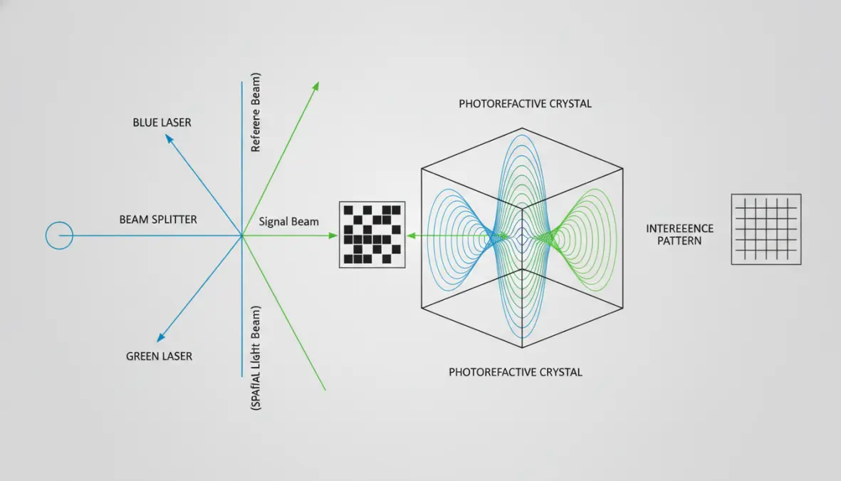 Diagram showing how holographic memory systems use laser interference patterns for volumetric data recording