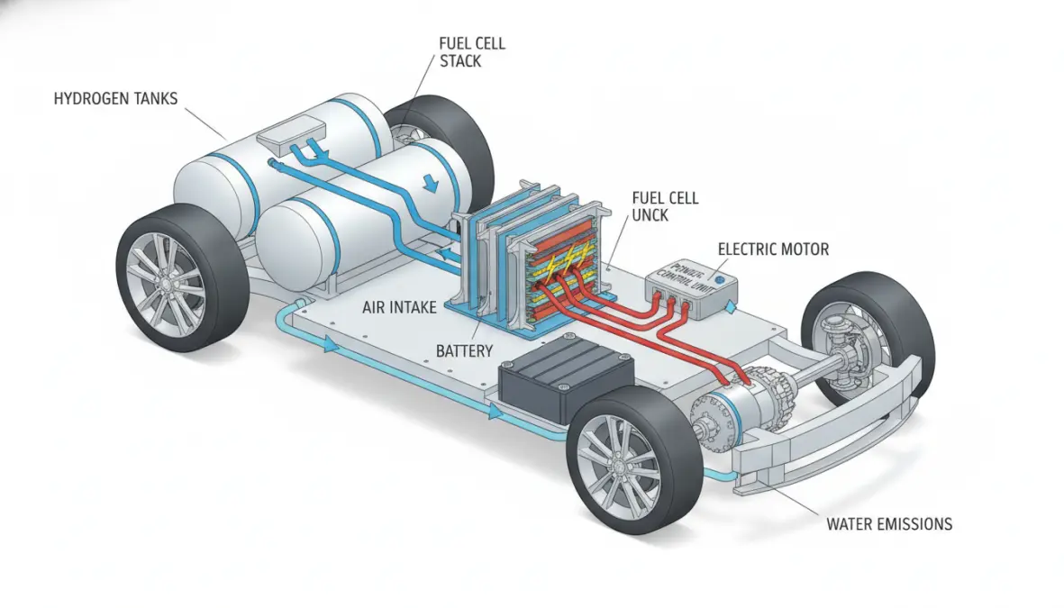 Hydrogen fuel cell car internal components diagram showing fuel cell technology and hydrogen powered vehicle system