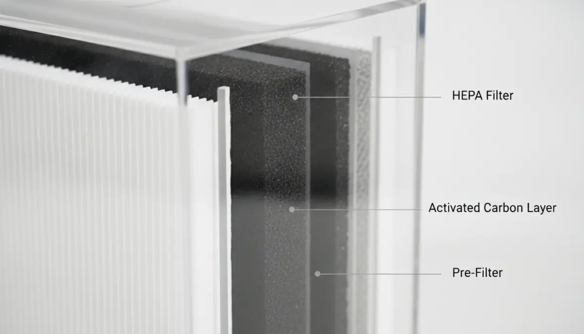 HEPA air purification system showing filtration layers for indoor air quality improvement