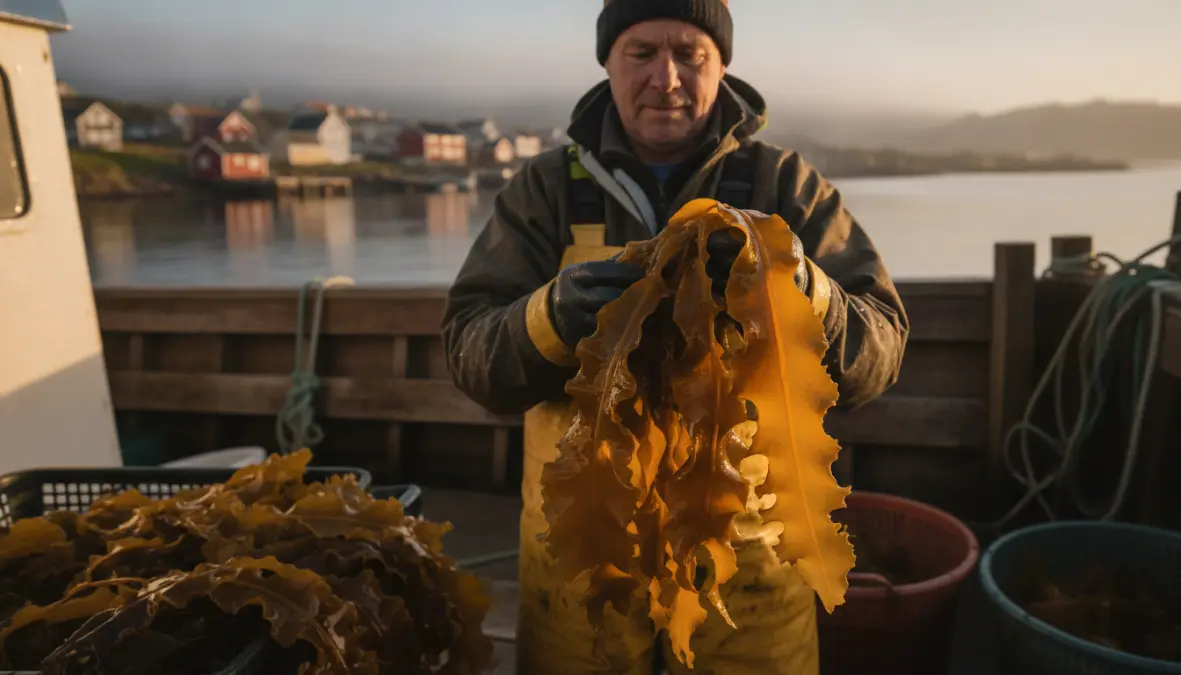Kelp farmer inspecting harvested kelp demonstrating sustainable ocean farming and seaweed cultivation practices