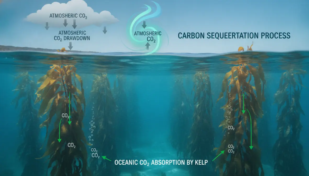 Visual representation of how kelp farming captures carbon through photosynthesis and carbon sequestration processes