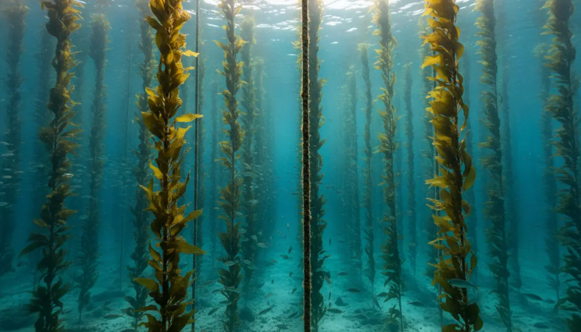 Underwater view of kelp farming vertical longlines showing marine permaculture cultivation technique