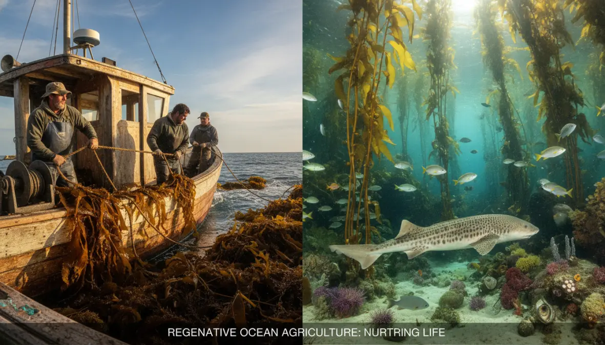 Kelp harvesting operation showing sustainable aquaculture and coastal ecosystem benefits of kelp farming