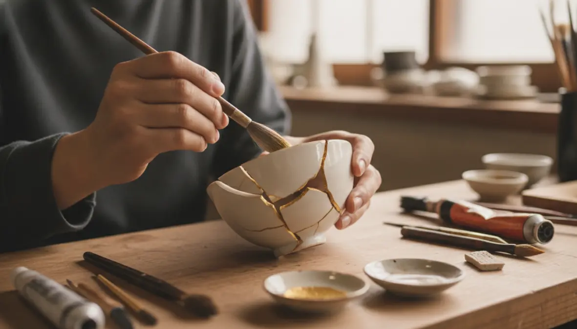 Traditional Japanese repair technique showing golden joinery process in kintsugi art