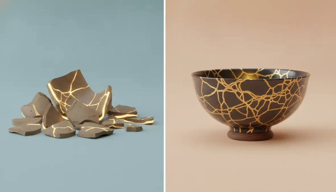 Kintsukuroi metaphor for healing showing beauty in brokenness through embracing imperfection