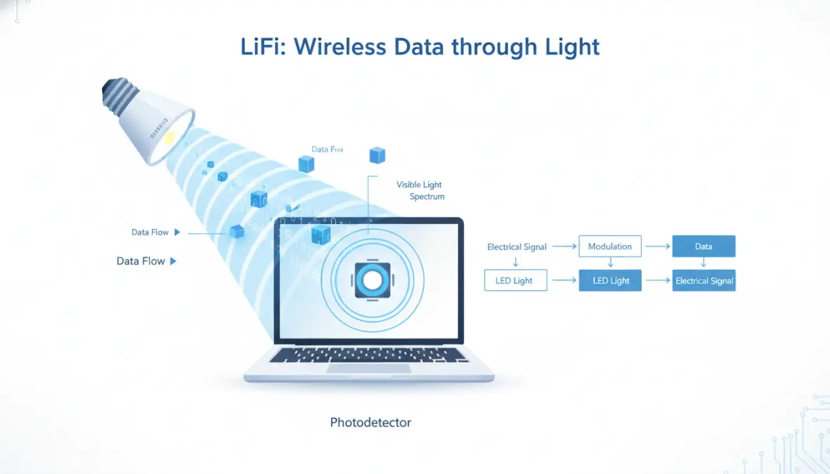 Detailed diagram explaining how LiFi technology works with LED data transmission and photodetectors