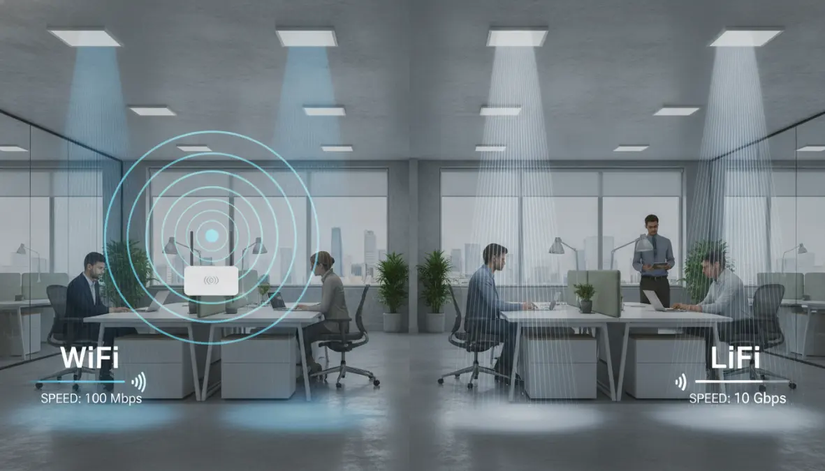 LiFi vs WiFi comparison showing differences between radio wave and visible light communication technologies
