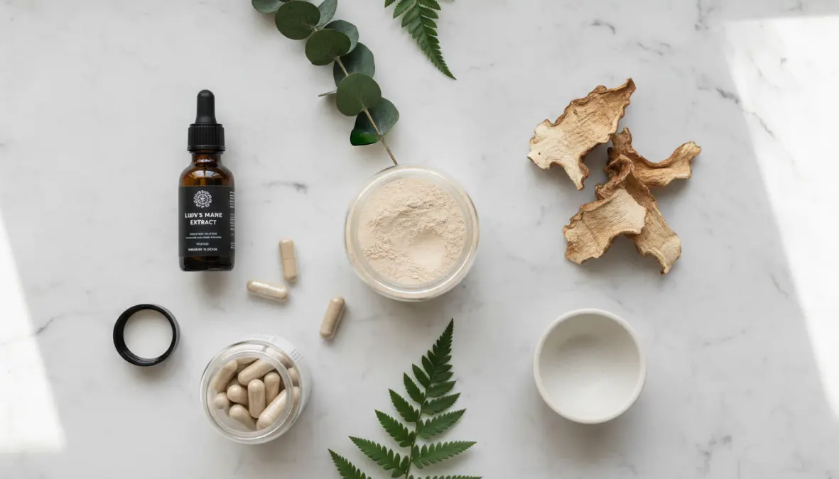 Various lion's mane mushroom supplements including powder, capsules, and extract for cognitive benefits