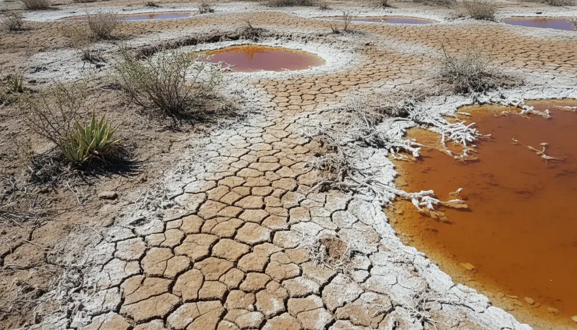 Environmental damage from lithium extraction showing water depletion and contaminated soil