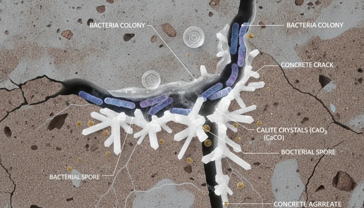 Self-healing concrete microscopic view showing bacteria repairing cracks with calcium carbonate