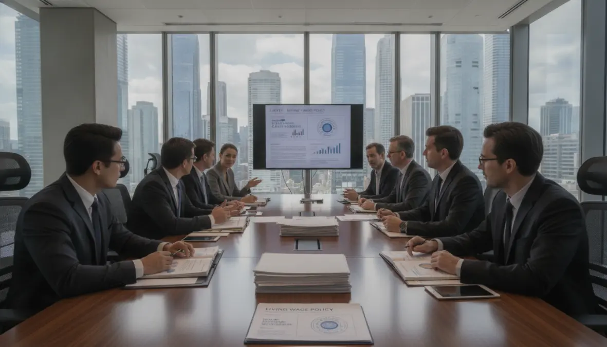Business executives implementing living wage policy and reviewing corporate certification programs