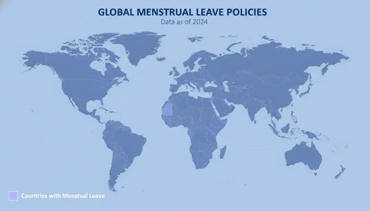 Global map showing countries with menstrual leave laws and period leave policies worldwide