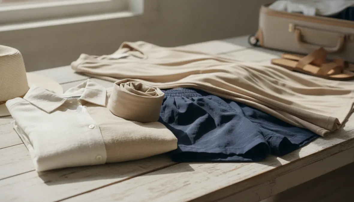 Capsule wardrobe travel essentials for minimalist summer packing with coordinated neutral clothing