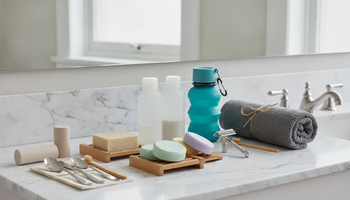 Sustainable travel packing essentials including eco-friendly toiletries and reusable travel containers