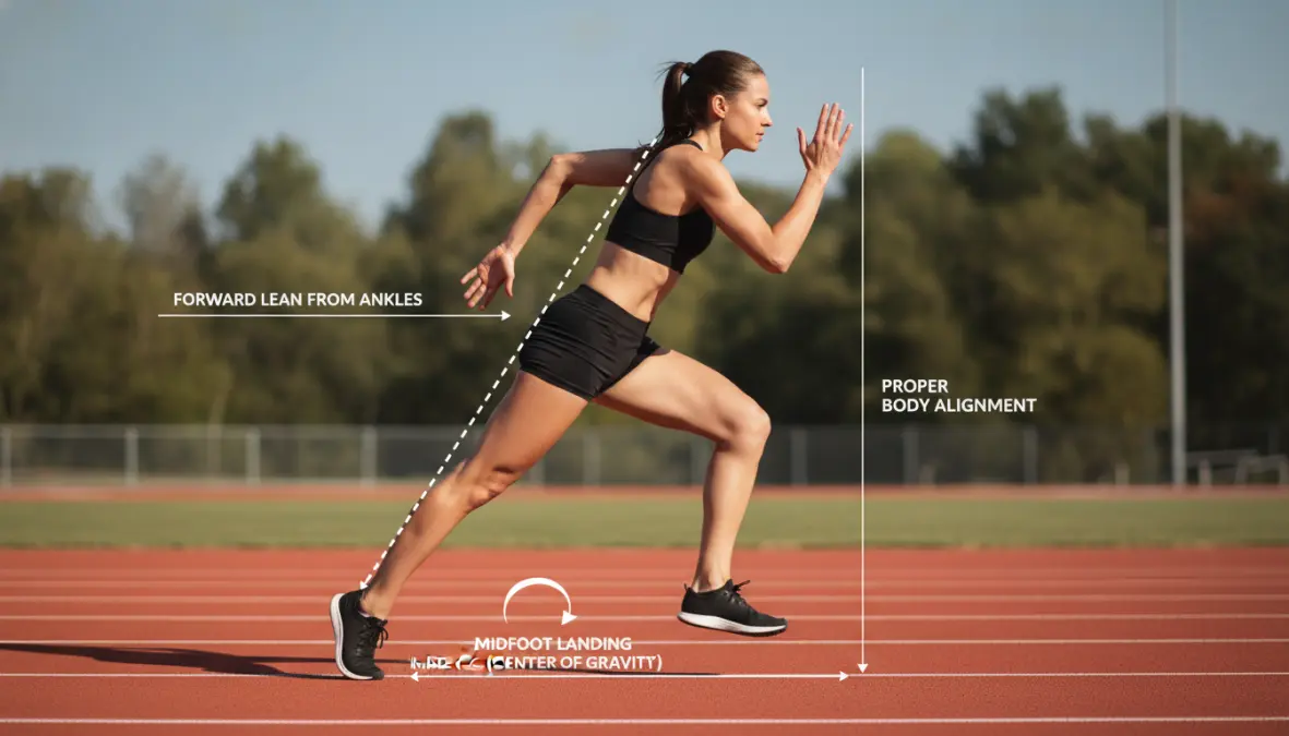 Proper natural running technique showing correct running form and forefoot strike pattern