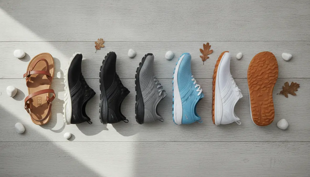 Selection of minimalist running shoes and zero drop footwear showing key features