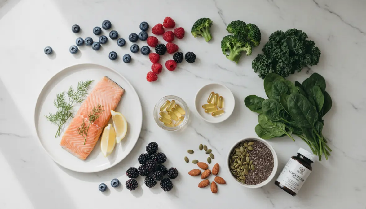 Mitochondrial supplements and nutrient-rich foods including CoQ10, omega-3s, and antioxidants for improving cellular energy