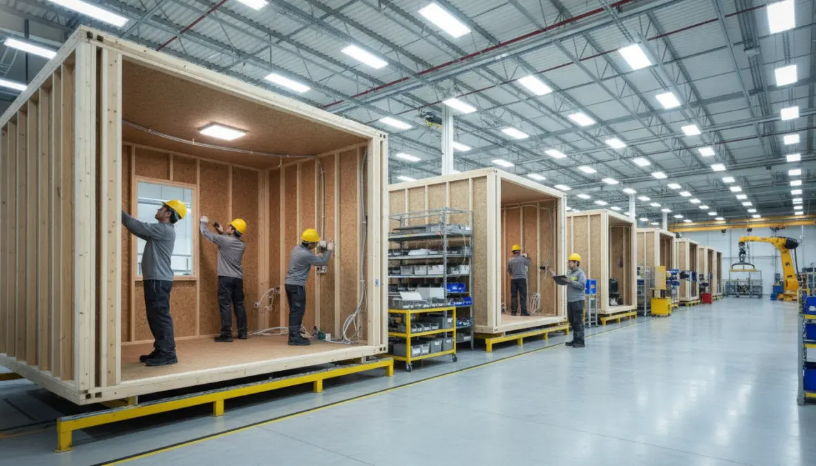 Factory-built homes production line showing offsite construction of modular housing units with quality control