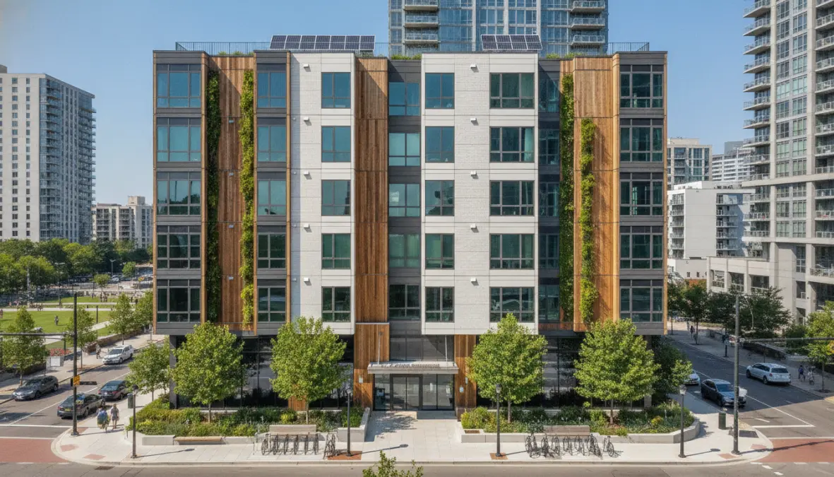 Completed prefab buildings showing modern modular homes in urban affordable housing development