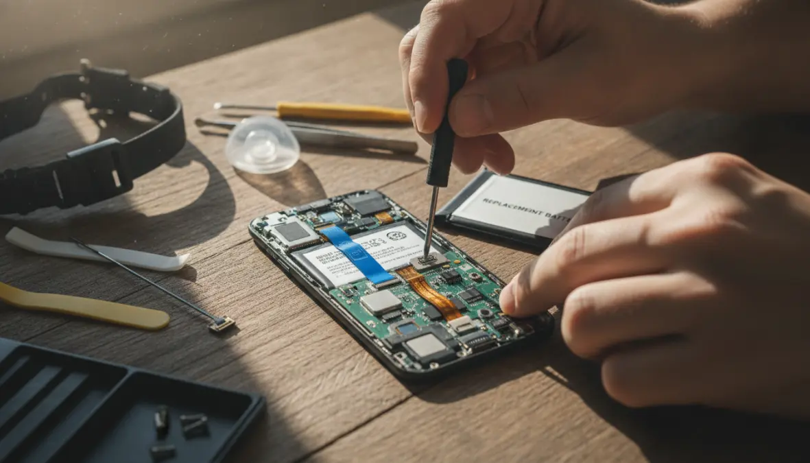 User-repairable smartphone with swappable battery module being replaced with screwdriver