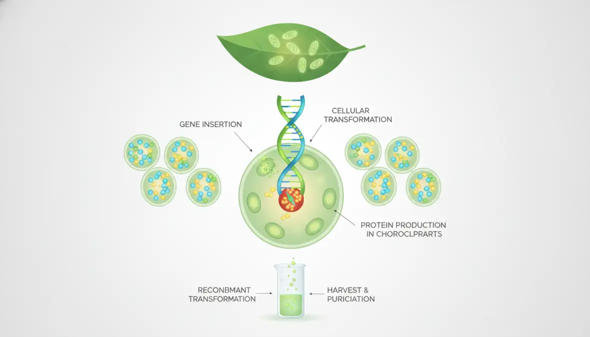 Scientific diagram showing how recombinant proteins are produced in transgenic plants through genetic engineering