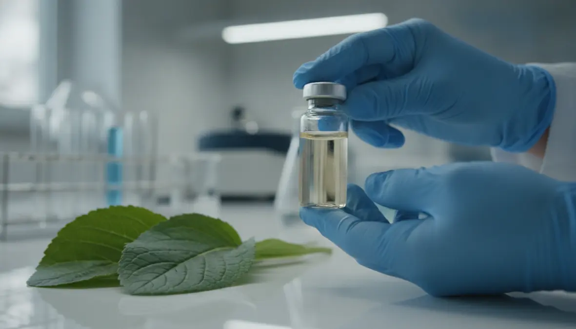 Plant-based vaccine vial next to transgenic plants used in molecular pharming for biopharmaceutical production