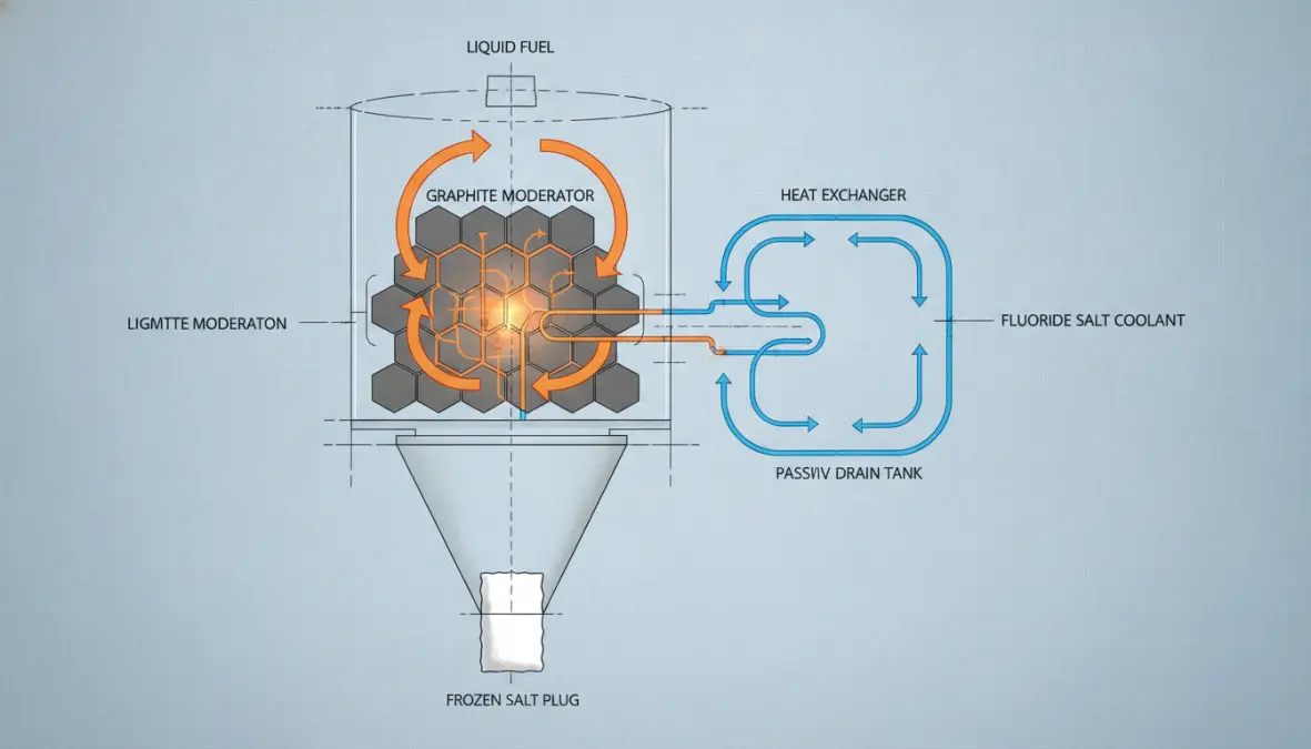Molten salt reactor technology diagram showing how liquid fuel reactors work with passive safety systems