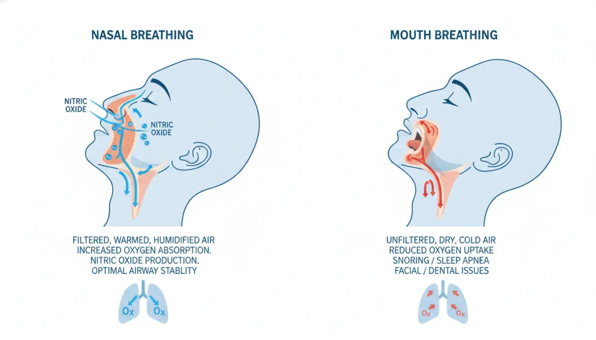 Diagram comparing nasal breathing sleep versus mouth breathing sleep showing oxygen saturation and airflow differences