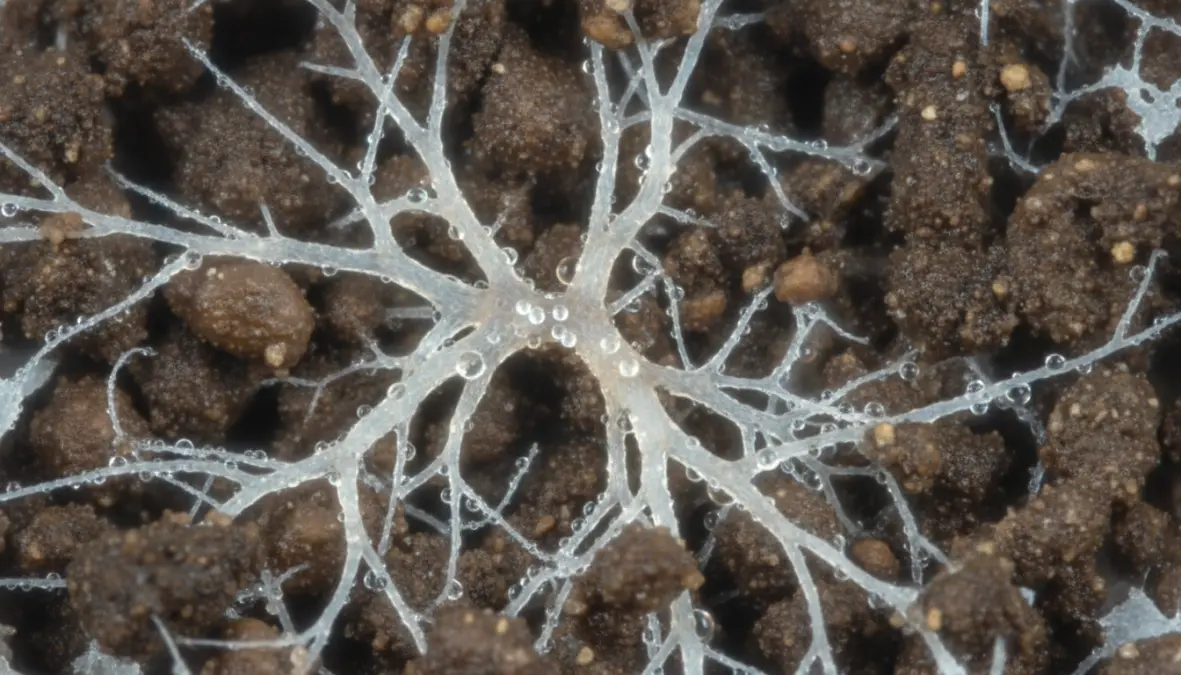 Close-up of fungal mycelium networks breaking down soil pollutants through enzymatic breakdown