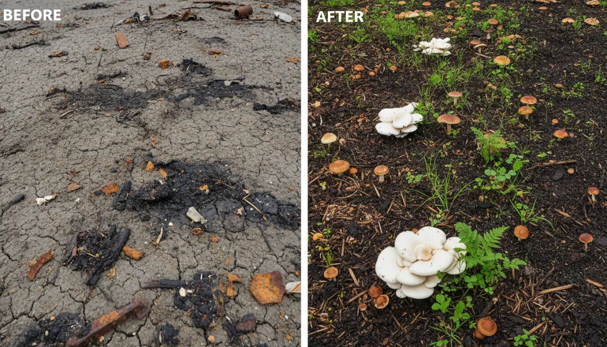 Before and after comparison of soil decontamination using mycoremediation techniques