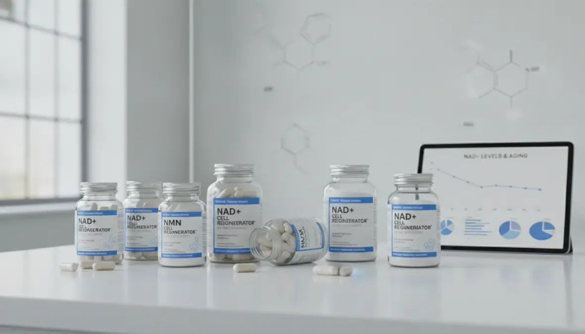 Integratori NAD+ precursori tra cui nicotinamide riboside e NMN con grafici scientifici dei livelli cellulari