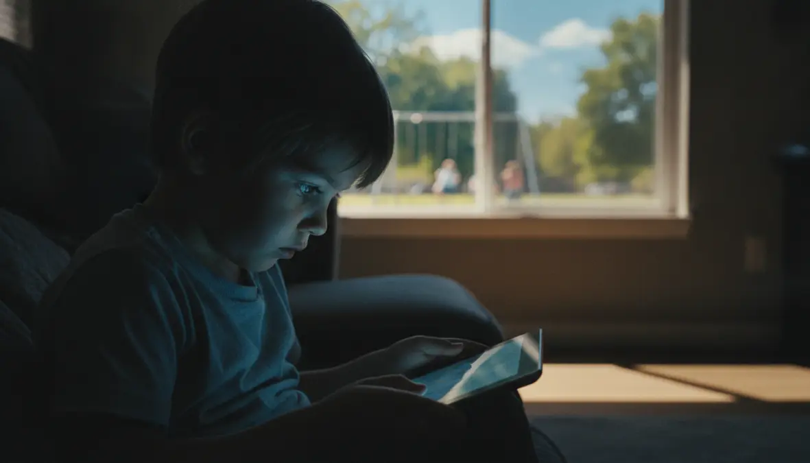Child focused on digital screen indoors illustrating screen time effects on children and digital addiction