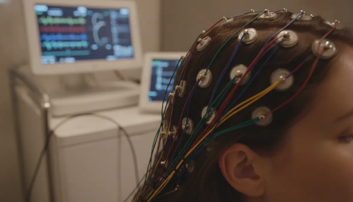 EEG sensors measuring brain waves during neurofeedback therapy session