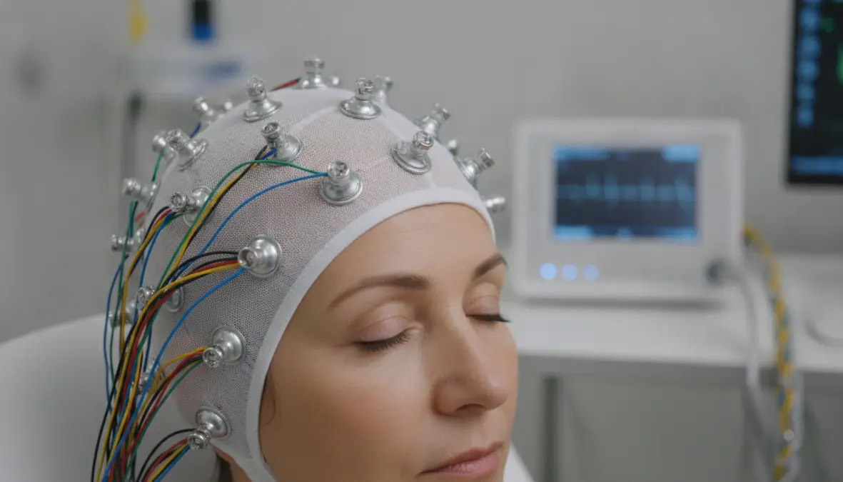 EEG biofeedback sensors measuring brain wave activity during neurofeedback therapy session