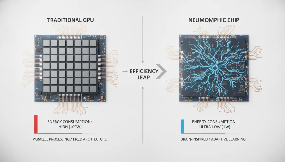 Comparison between traditional processors and neuromorphic chips showing energy efficiency advantages