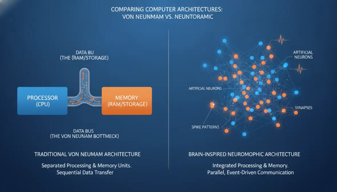 Comparison diagram showing neuromorphic computing architecture versus traditional processor design